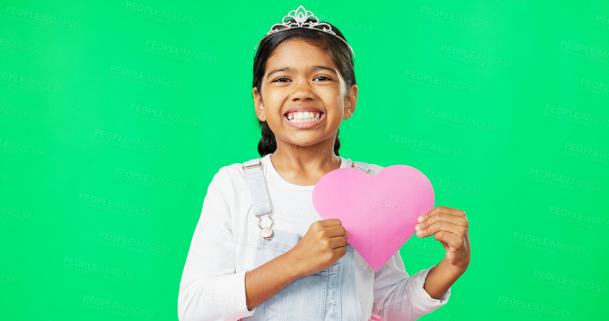 Buy stock photo Portrait, heart and a girl princess in a crown on a green screen background for love or health. Smile, youth and tiara with a happy young kid on chromakey space for valentines day celebration