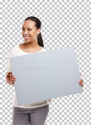 Buy stock photo Isolated woman, poster blank and smile with vision, opinion and mockup space for vote by transparent png background. Girl, model and paper billboard for review, promotion and happy for announcement