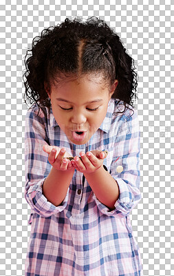 Buy stock photo Cute African little girl, blowing on coins and making a wish with curly hair and shirt isolated on a transparent PNG background. Child posing and holding money, cash or wishing for future investment