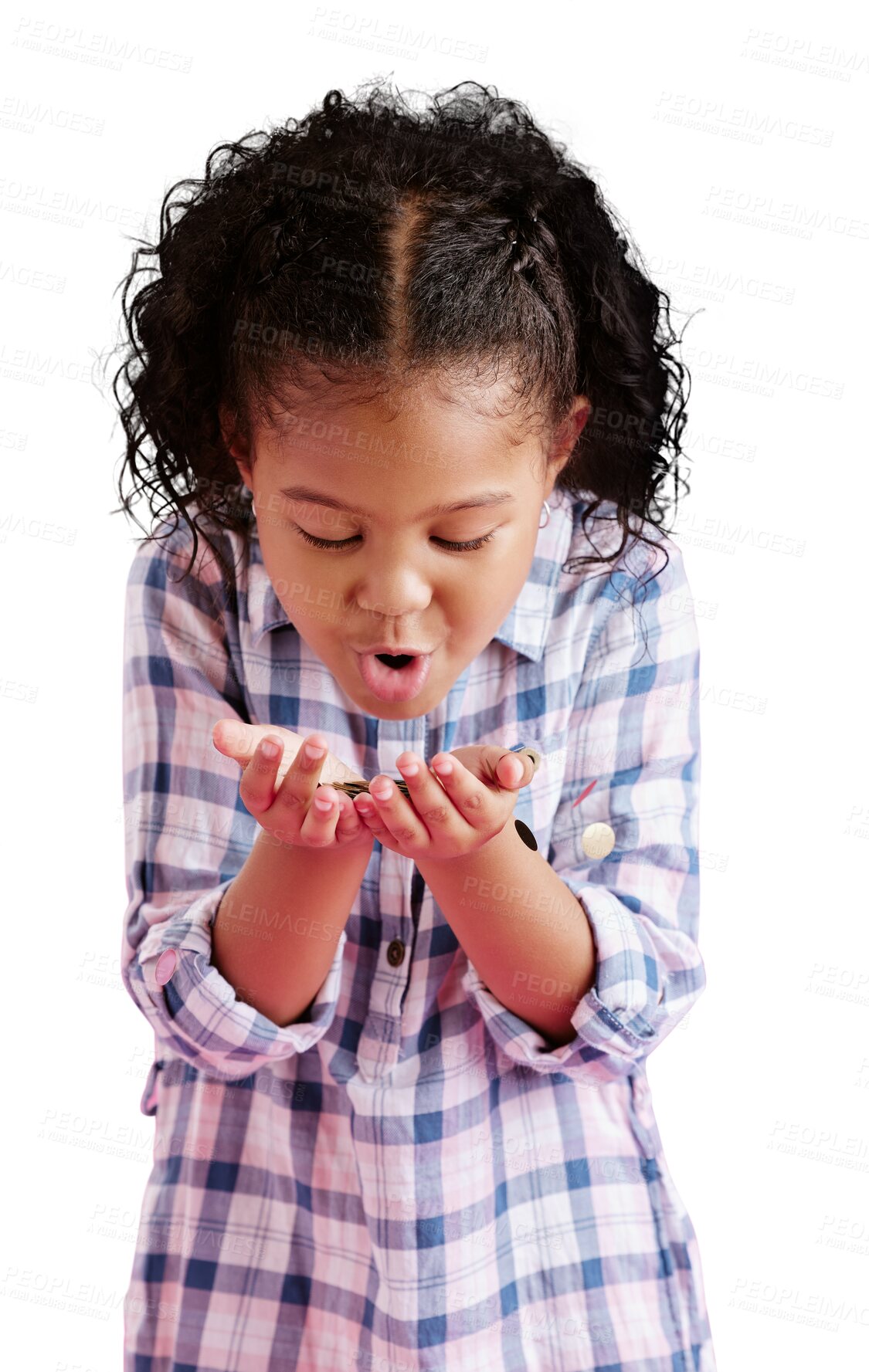 Buy stock photo Cute African little girl, blowing on coins and making a wish with curly hair and shirt isolated on a transparent PNG background. Child posing and holding money, cash or wishing for future investment