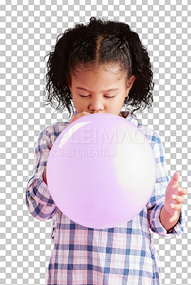 Beautiful African girl, blowing balloon and portrait of party decorations while wearing a pretty dress. Biracial child posing, enjoying birthday with beautiful curly hair and isolated on a transparent, png background
