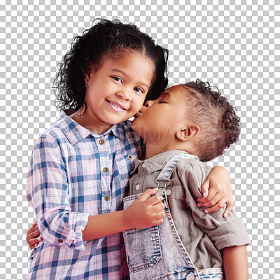 Children pose for family portrait, young brother gives girl kiss on the cheek and big sister with smiles. Mixed-race siblings show love and hugging, casual clothes and isolated on a transparent, png background