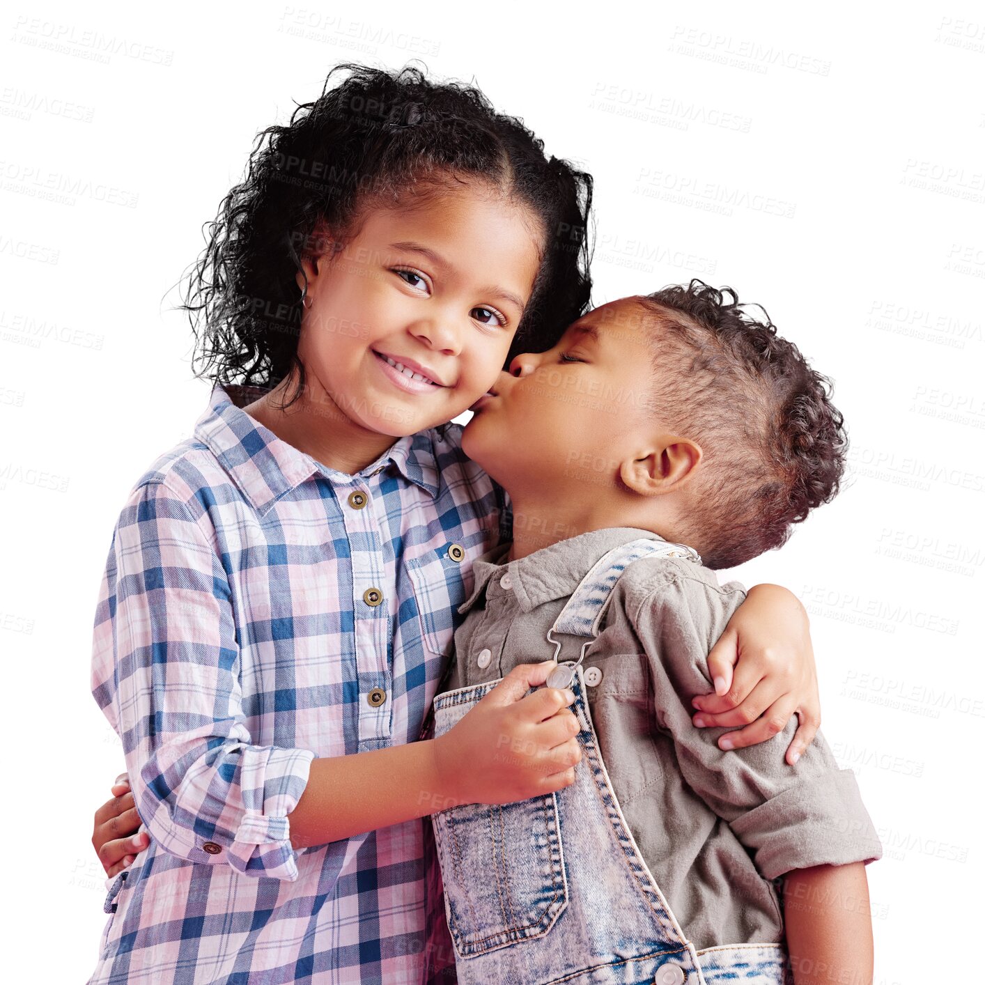 Buy stock photo Children, boy and girl siblings kiss on cheek in family portrait with love and care. Kids, hug and smile together with support for brother and sister on an isolated png, transparent background. 