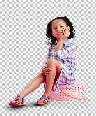 Sad child sitting on gift box, thinking about birthday alone and wearing cute dress. Young biracial girl, introvert at a party and isolated on a transparent, png background