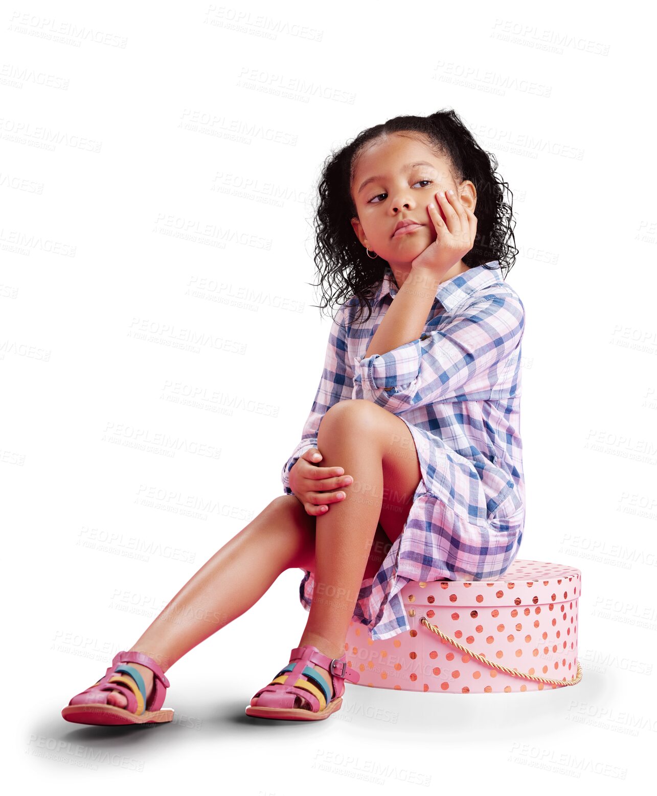 Buy stock photo Thinking, sad and child on gift with disappointed face on isolated, png and transparent background. Sadness, depression and upset young girl sitting on box for birthday present, party and celebration