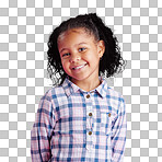 Portrait of the face of African girl, smiling with beautiful curly hair and wearing a pretty dress. Biracial child posing, feeling proud and isolated on a transparent, png background