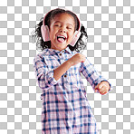 Happy African girl, wearing headphones and listening to music with beautiful curly hair to celebrate. Biracial child dancing, singing to her favourite song and isolated on a transparent, png background