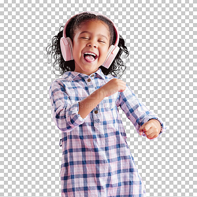 Happy African girl, wearing headphones and listening to music with beautiful curly hair to celebrate. Biracial child dancing, singing to her favourite song and isolated on a transparent, png background