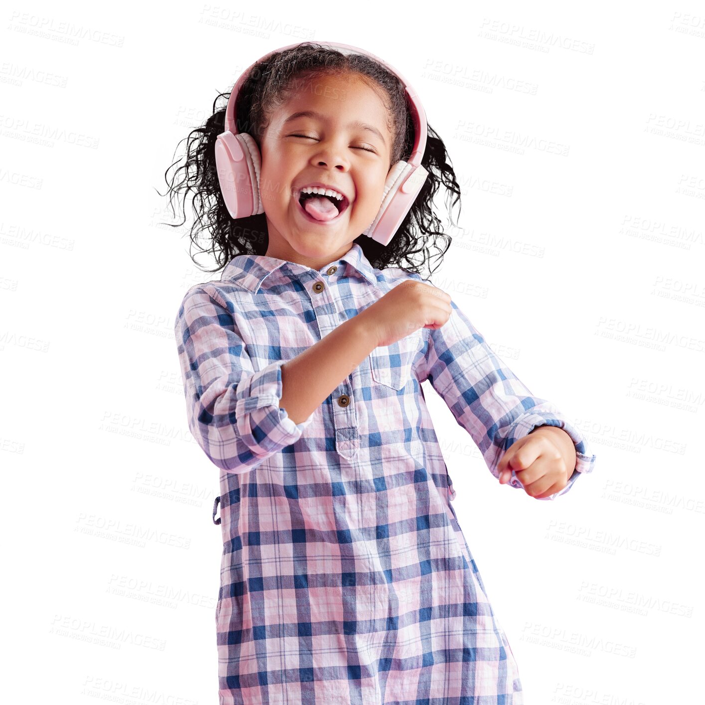 Buy stock photo Music headphones, dancing and kid singing isolated on a transparent png background with smile. Radio, happiness and girl listening, dance and streaming podcast, audio song and sound for freedom.