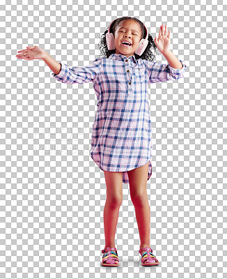 A happy biracial girl, wearing headphones and listening to music with curly hair to celebrate. African child dancing, feeling freedom and isolated on a transparent, png background