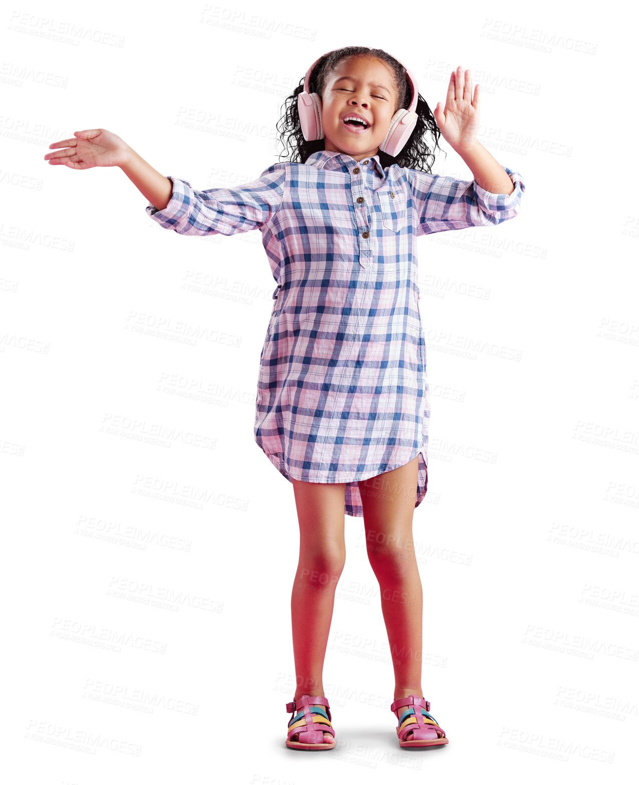 Buy stock photo Music, headphones and dancing child singing isolated on a transparent png background with technology. Radio, happiness and kid listening, enjoying and streaming podcast, audio song and dance sound.