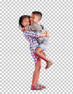 Girl hugs young brother, children pose for family portrait and big sister hug with smiles. Mixed-race siblings show love and hugging, casual clothes and isolated on a transparent, png background