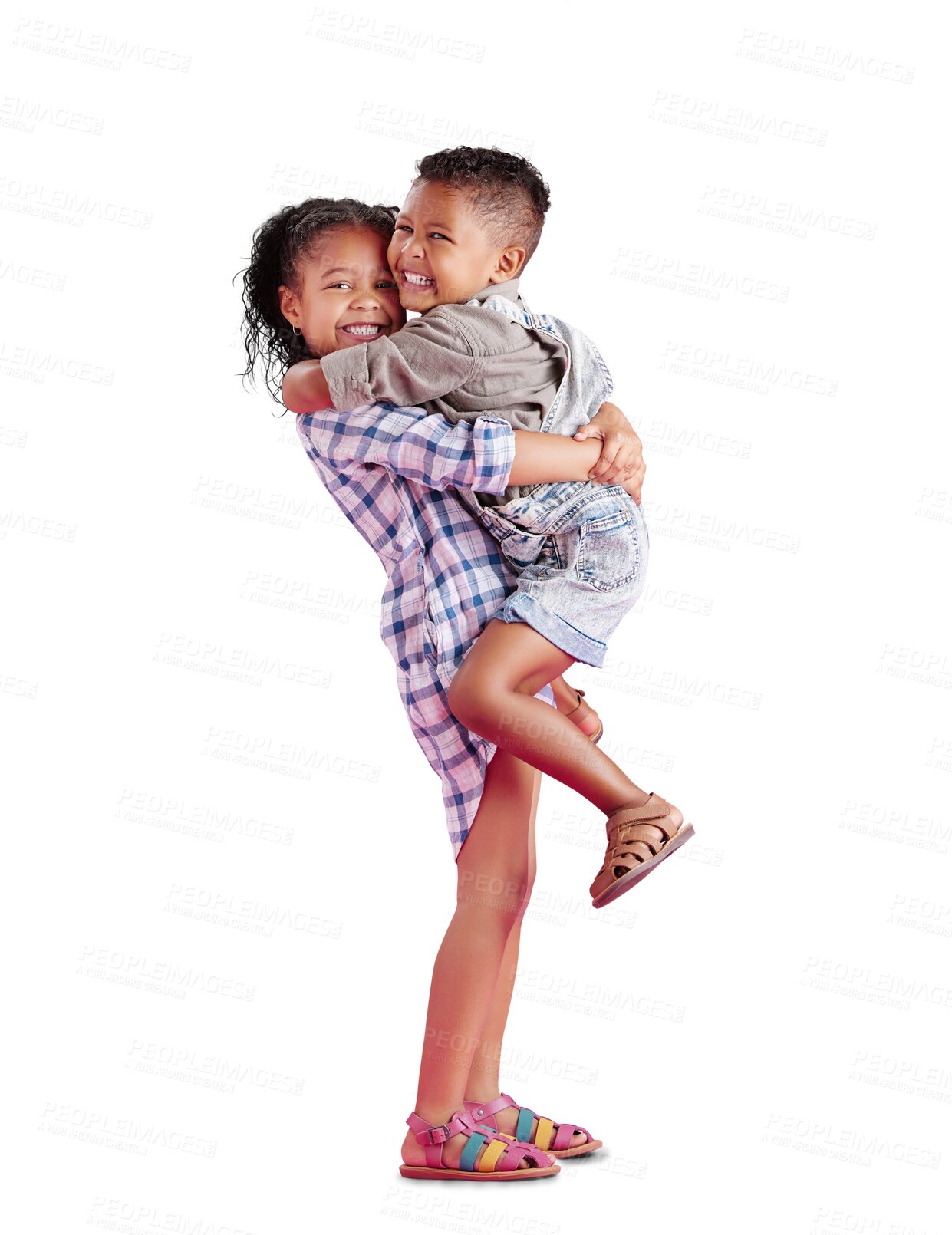 Buy stock photo Love, smile and sister with brother, hug and portrait isolated against a transparent background. Face, siblings or children embrace, happiness and cheerful with quality time, png and bonding with joy