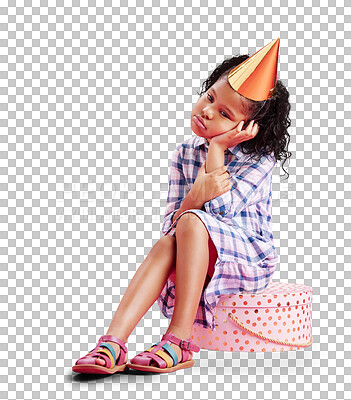 Sad young girl sitting on gift box, thinking about lonely birthday and wearing cute dress. Little biracial child, introvert at a party and isolated on a transparent, png background