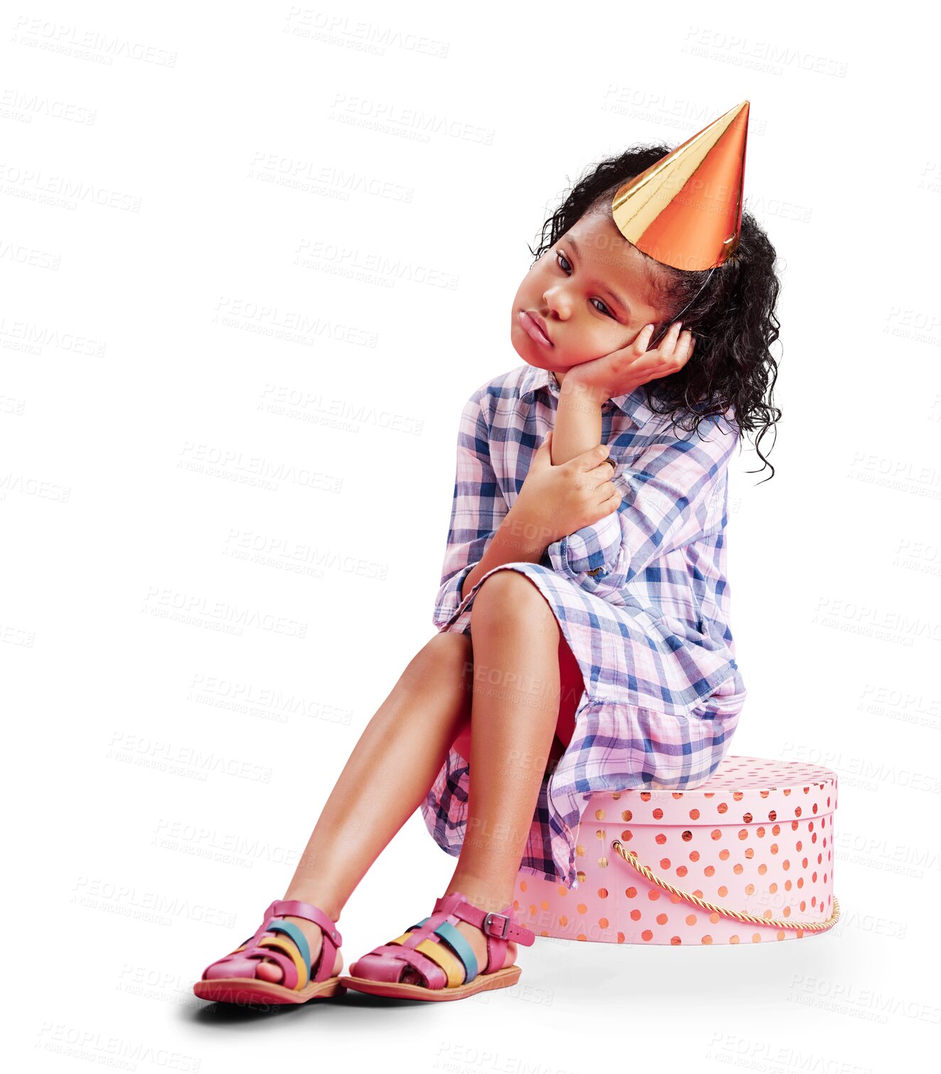 Buy stock photo Sad, thinking and child on gift box with disappointed face on isolated, png and transparent background. Lonely, depression and upset young girl sitting waiting for birthday present, party and event