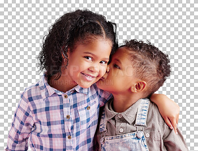 Children pose for family portrait, young brother kissing on the cheek and big sister hug with smiles. Mixed-race siblings show love and hugging, casual clothes and isolated on a transparent, png background