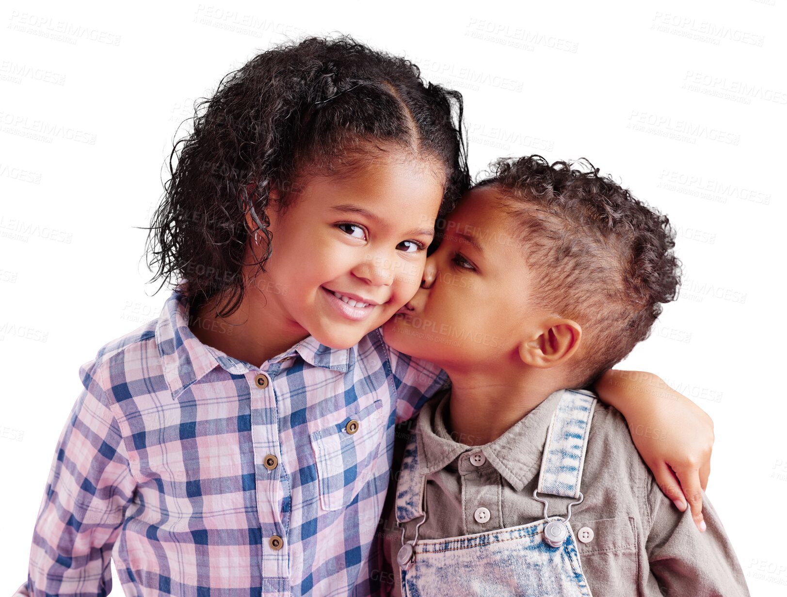 Buy stock photo Children, brother and sister siblings kiss on cheek in family portrait with love and care. Kids, hug and smile together with support for boy and girl on an isolated png, transparent background. 