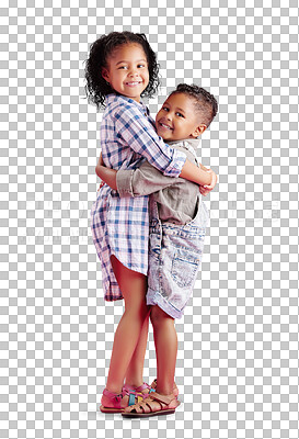 Children pose for family portrait, young brother and big sister hug with smiles. Mixed-race siblings show love and smiling while hugging, casual clothes and isolated on a transparent, png background