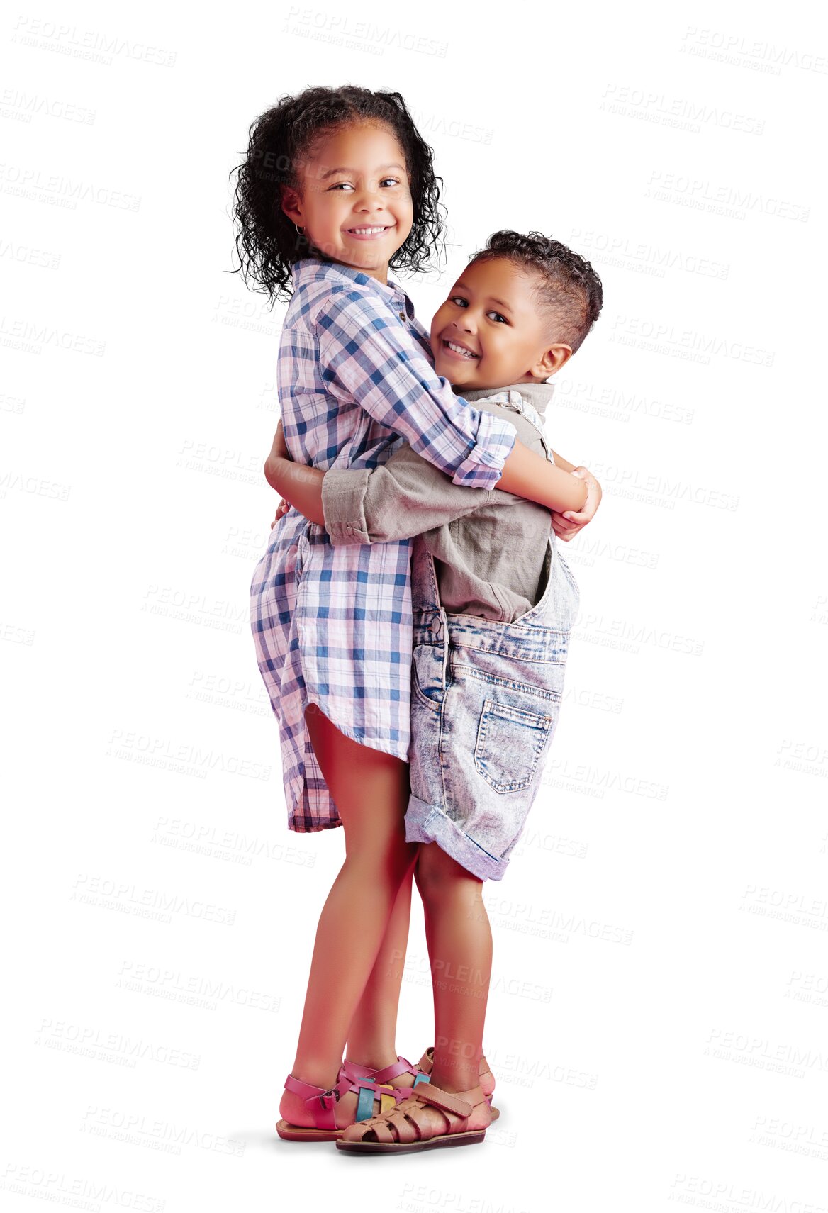 Buy stock photo Children, siblings and hug for family portrait, young brother and big sister with smile for love and care. Happy kids hugging with casual clothes and smiling isolated on a transparent PNG background