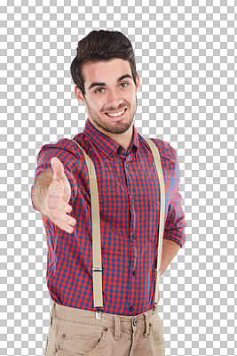 Buy stock photo Thank you, happy casual man with handshake and in png or transparent background. Person smiling or confident face, greeting for introduction and friendly male with welcome or friendly arm gesture