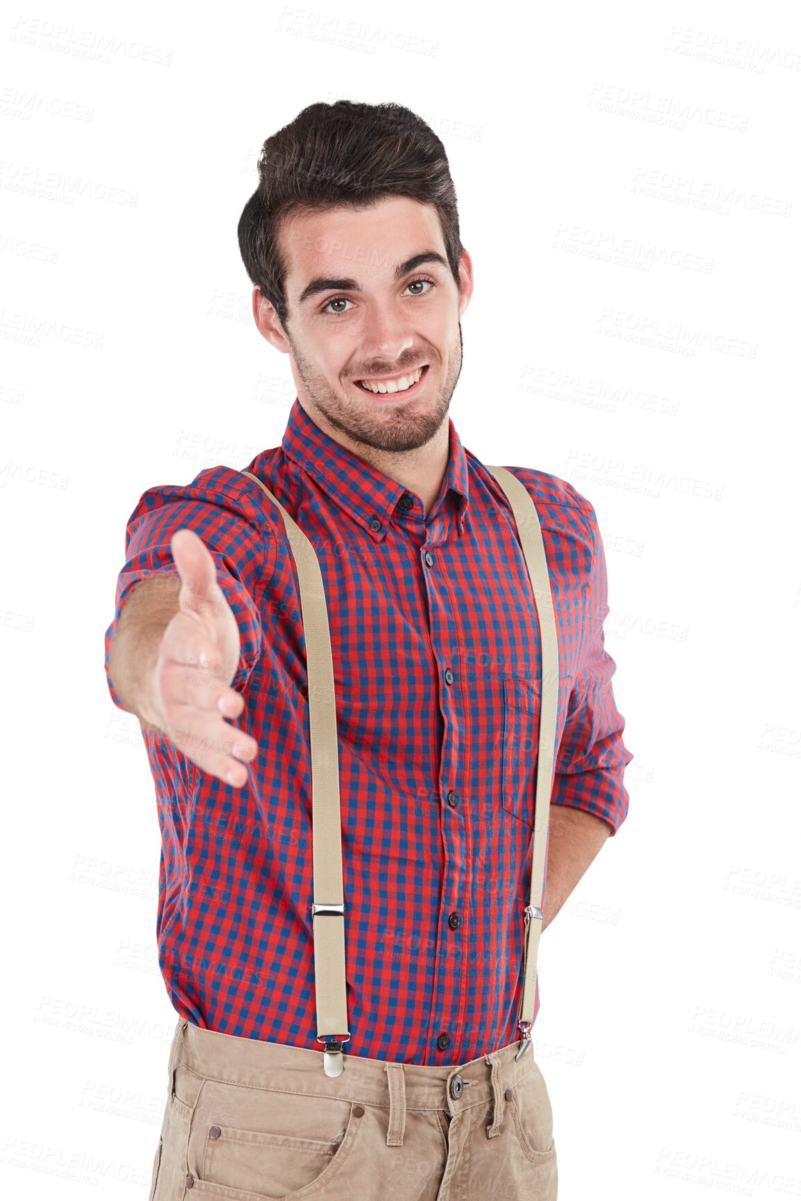 Buy stock photo Thank you, happy casual man with handshake and in png or transparent background. Person smiling or confident face, greeting for introduction and friendly male with welcome or friendly arm gesture