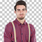 Portrait of man, smile on face with hipster style and person posing for profile picture. Smart outfit for gentleman with pose and smiling for isolated on a transparent background