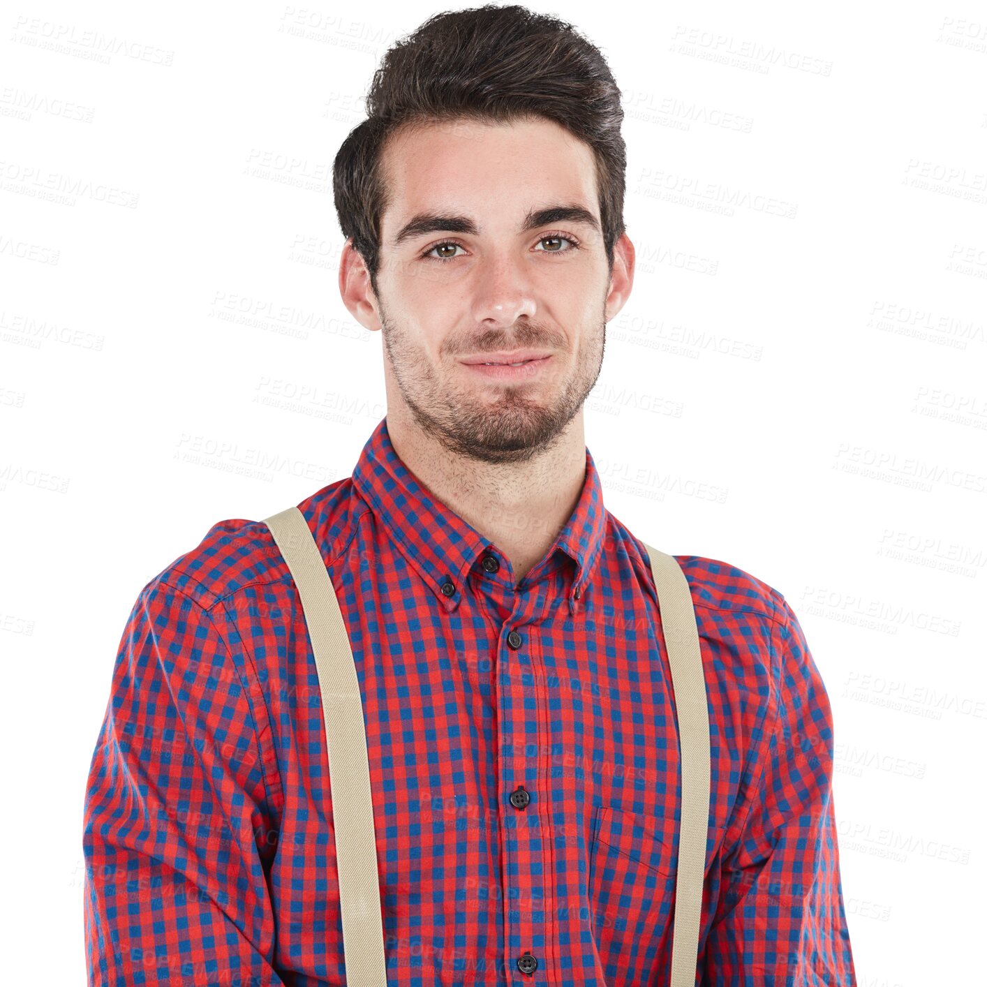 Buy stock photo Happiness, portrait of man in nerd style and suspenders isolated on transparent png background. Vintage clothes, geek aesthetic and face of happy male model in flannel shirt, braces and retro fashion