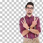 Portrait of a hipster man, peace hands gesture with smile and face of guy with nerdy fashion. Gentleman wearing suspenders, greeting or pose with cool sign for isolated on a transparent background