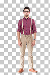 Portrait of nerdy man, serious face with hipster fashion and young person stands awkwardly with arms on sides. Gentleman wearing suspenders, guy with blank stare isolated on a transparent background