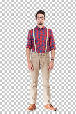 Portrait of nerdy man, serious face with hipster fashion and young person stands awkwardly with arms on sides. Gentleman wearing suspenders, guy with blank stare isolated on a transparent background