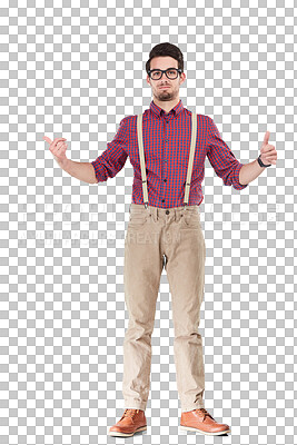 Buy stock photo Man, isolated and Shaka hand sign, portrait and deal, sale and hipster nerd style with glasses. Male person, geek fashion and call me gesture and positive news on transparent png background 