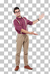 Nerdy man, smile for portrait while promoting for advert and wearing hipster clothing and glasses. Happy smiling male, showing sale and hipster isolated on a transparent png background