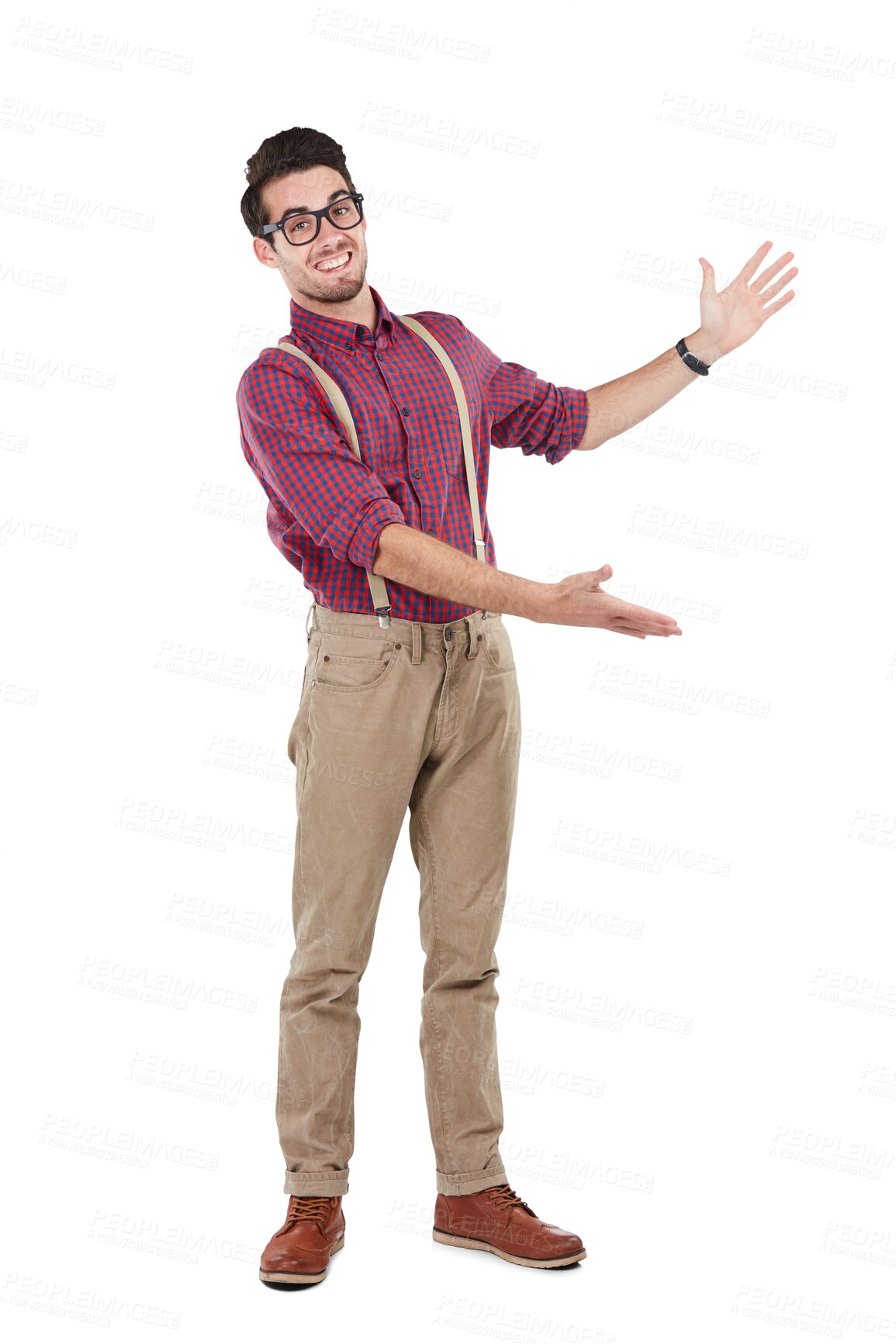 Buy stock photo Portrait, man and hand gesture for model in glasses or happy nerd isolated on a transparent png background. Advert, promotions and wearing hipster clothing for showing sale or  marketing for business