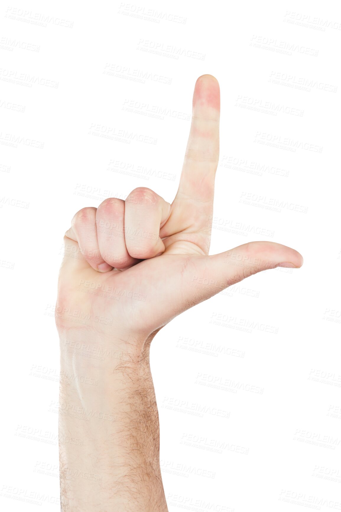 Buy stock photo Emoji hand sign, a person's finger with loser gesture and in png or transparent background. Zoom, communication or male gesture in countdown or steps in progress and closeup man fingers isolated  