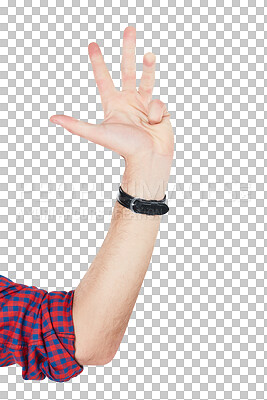 Man, hands and number four sign closeup for countdown, gesture or signal. Hand, guy and communication with fingers for counting, signing or talking while isolated on a png background