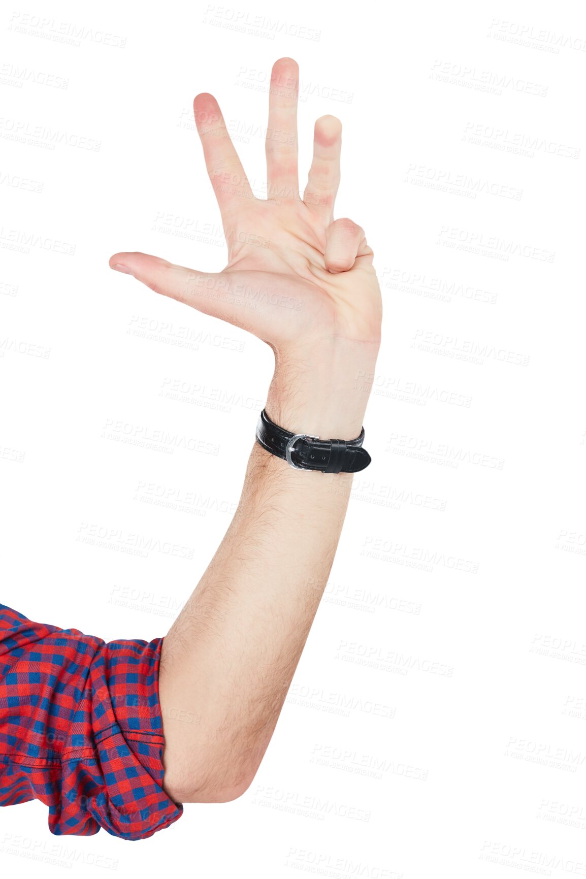 Buy stock photo Man, hand and finger countdown for sign language, gesture or signal. Hands of male model person counting, communication, icon or number four emoji or vote isolated on a transparent, png background