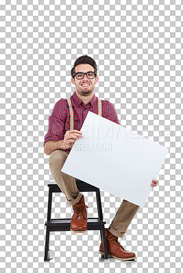 Poster, man sitting on stool holding paper billboard and empty for advertising. Placard board for banner, happy male with chair, mockup for marketing and isolated on a transparent png background