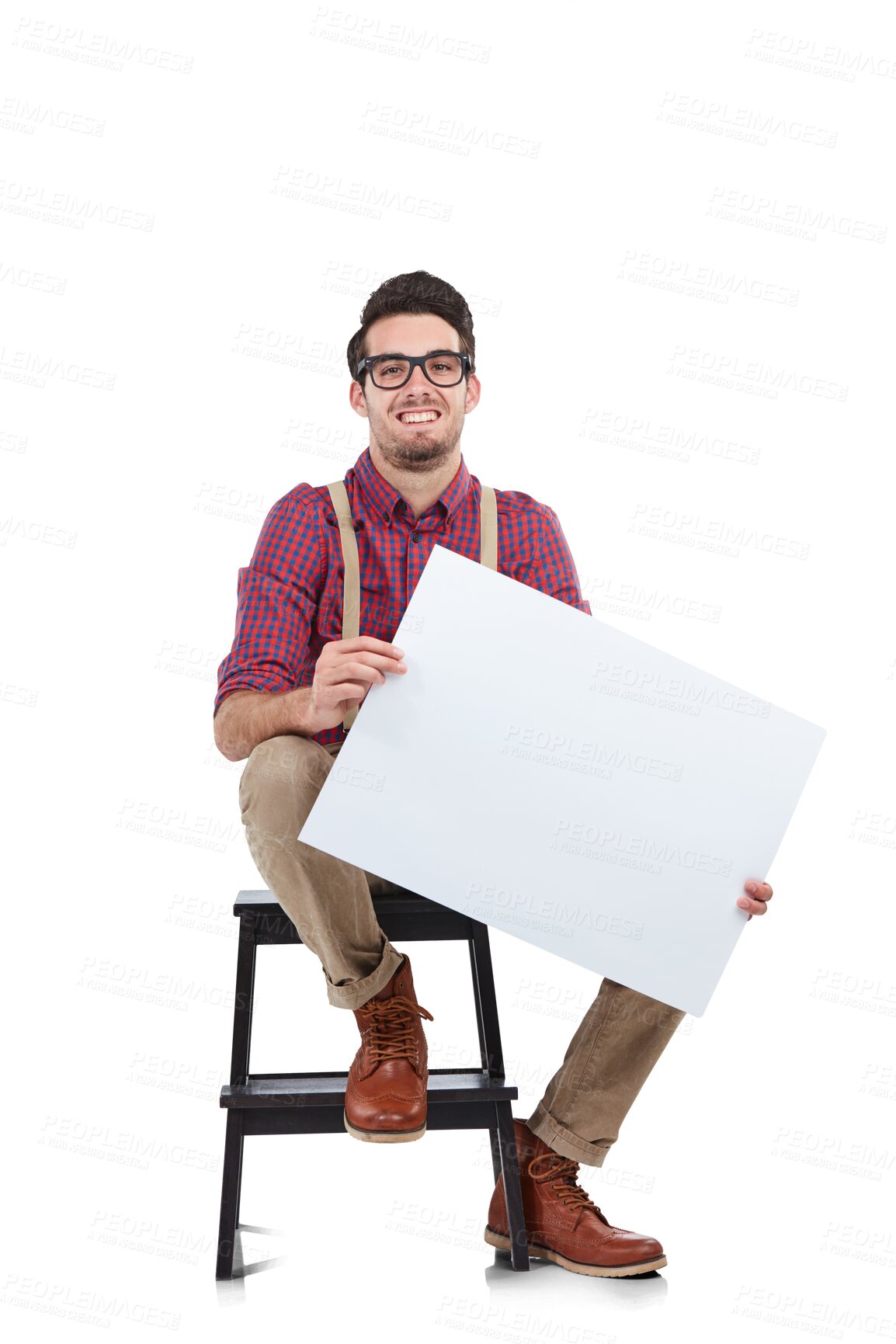 Buy stock photo Poster, billboard and portrait of man on chair in isolated, png and transparent background. Fashion, advertising and happy male person with board for information, announcement and branding promotion