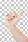 Sign language, hand and thumb pointing for direction, communication or counting. Finger, body language and man with a hands gesture with mockup space isolated on a transparent png background