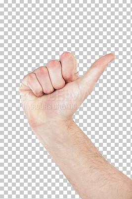 Sign language, hand and thumb pointing for direction, communication or counting. Finger, body language and man with a hands gesture with mockup space isolated on a transparent png background