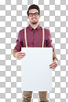 Placard board, man holding white paper billboard and empty for advertising copy space. Poster for banner, happy male with display mockup for marketing and isolated on a transparent png background