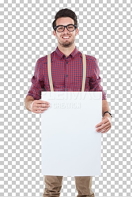 Buy stock photo Poster, advertising and portrait of man with billboard in isolated, png and transparent background. Banner, marketing and male person with sign for information, announcement and branding promotion