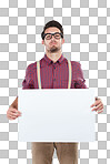 Business man holding white paper billboard, poster board and pointing at empty copy space. Placard for banner, confident male with mockup for marketing and isolated on a transparent png background