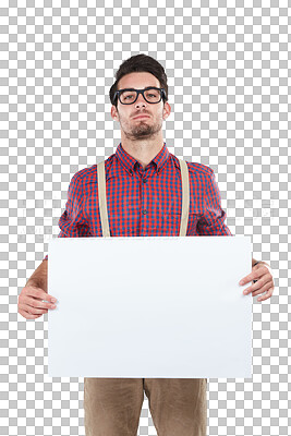 Pretty man holding empty white paper poster. Big billboard in