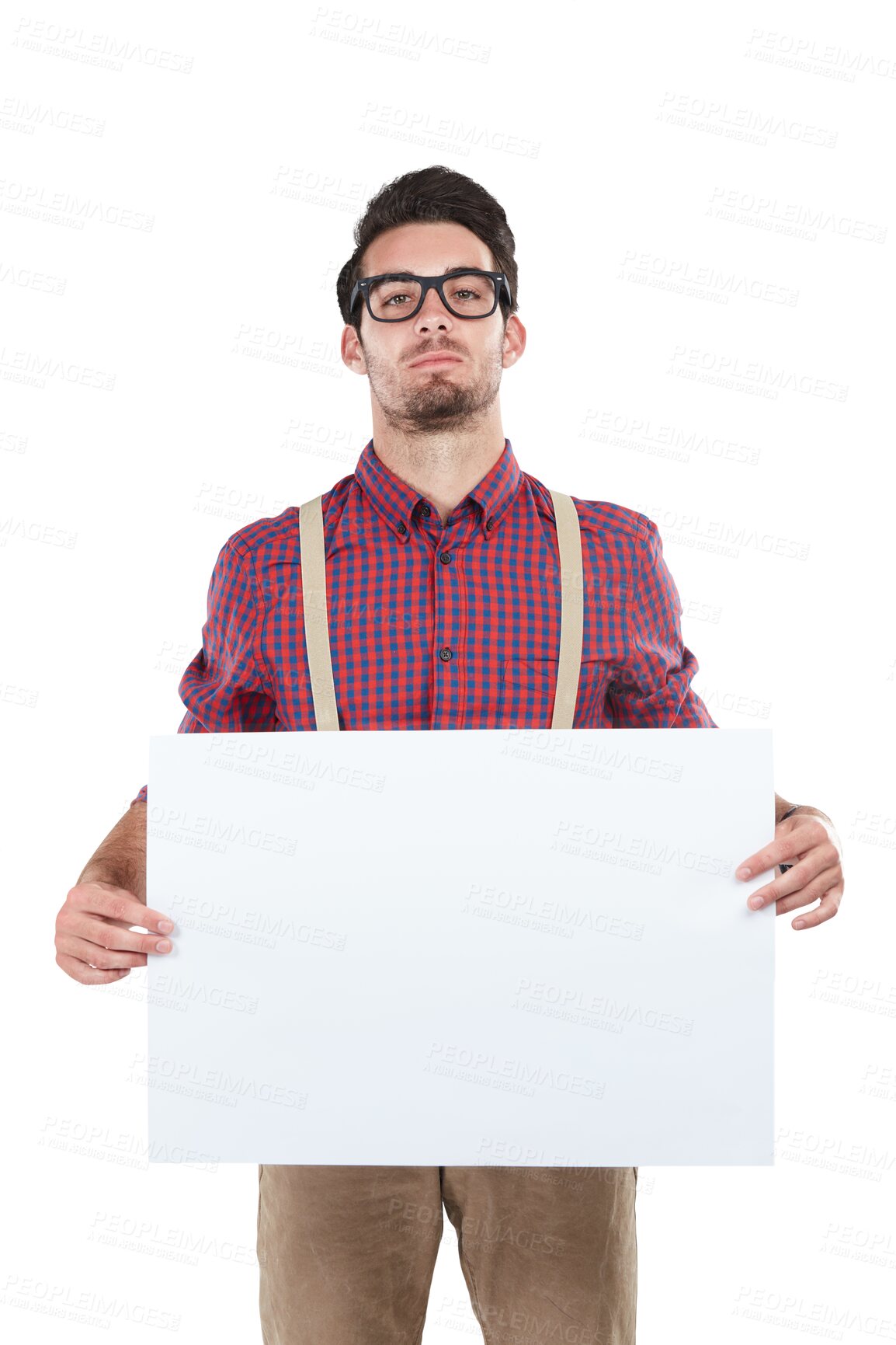 Buy stock photo Banner, billboard and portrait of man with poster on isolated, png and transparent background. Marketing, advertising and male person with board for information, announcement and branding promotion