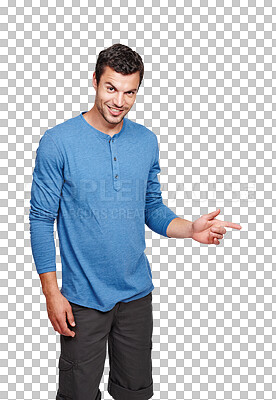 Buy stock photo Man in portrait, pointing and marketing direction with smile and promo isolated on transparent png background. Deal, opportunity and announcement with male person advertising brand and presentation