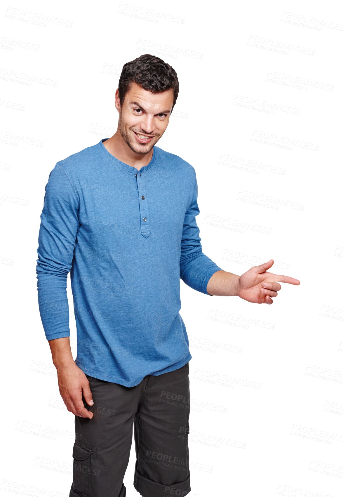 Buy stock photo Man in portrait, pointing and marketing direction with smile and promo isolated on transparent png background. Deal, opportunity and announcement with male person advertising brand and presentation