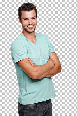 Buy stock photo Happy, smile and portrait of man with crossed arms for confidence in a casual style outfit. Handsome, young and male model with trendy, stylish and cool fashion isolated by transparent png background