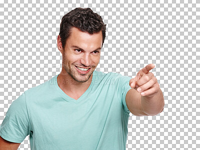 Buy stock photo Happy, smile and man pointing his finger to show a choice, selection vote or direction. Happiness, excited and male model with a point hand gesture to choose isolated by a transparent png background.