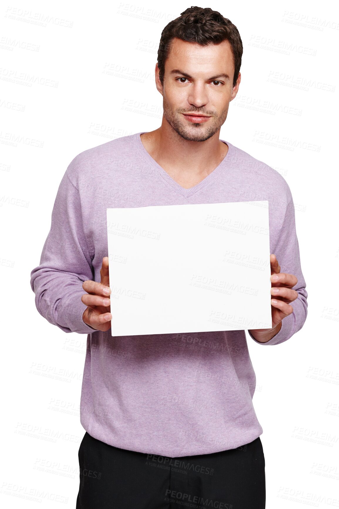 Buy stock photo Man, portrait and blank poster for sign, opinion or branding on mock up space by transparent png background. Young male model, isolated or paper for billboard, vote or mockup for logo, brand or promo